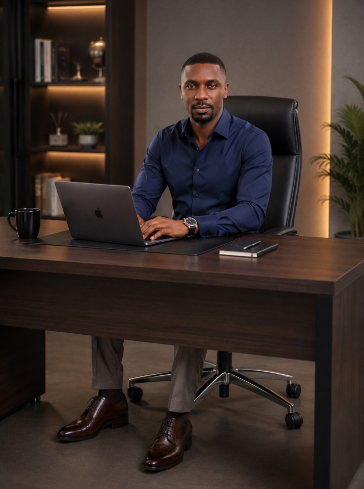 GUNKOWII SABA working at a laptop in a professional office
